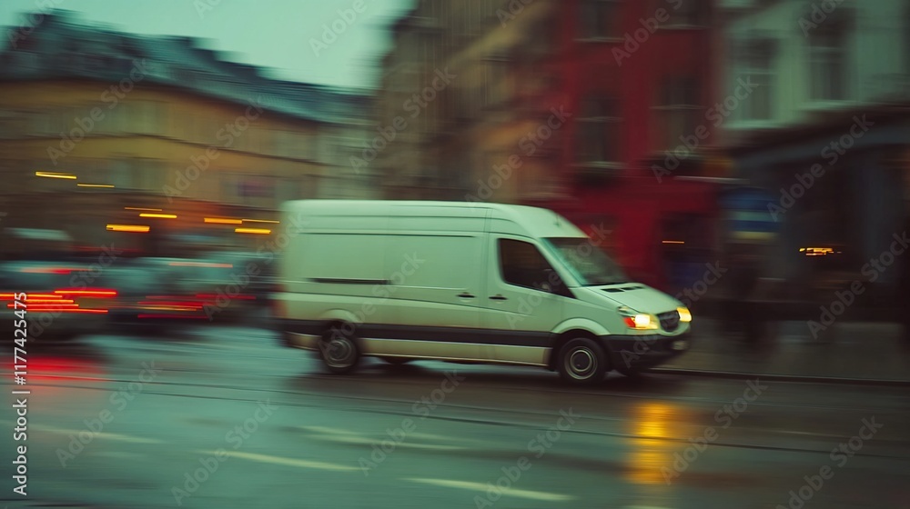 Delivery van driving away on street, symbolizing efficient logistics and timely service in modern transportation and supply chain management. Delivery van driving away on street, symbolizing efficient logistics and timely service in modern transportation and supply chain management.