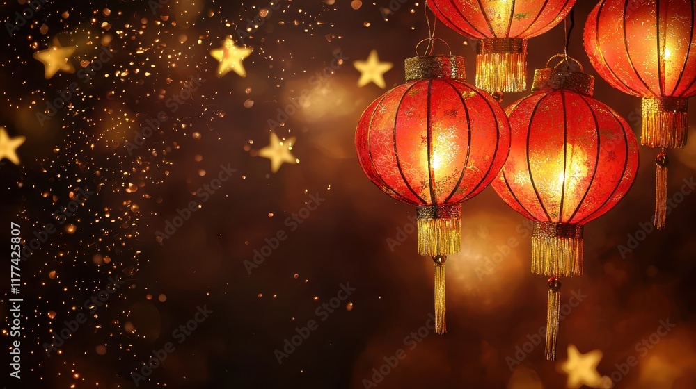 Fototapeta premium Festive Lanterns and Stars for New Year Celebration Background