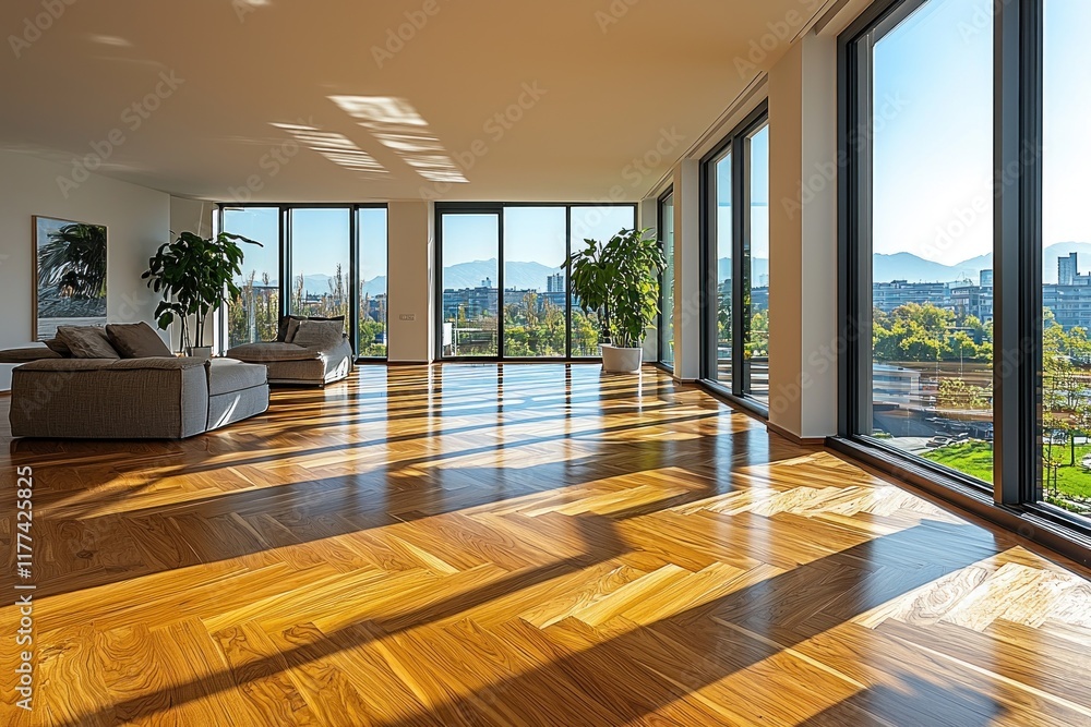 Fototapeta premium Modern apartment living room with panoramic city park views and sunlight on hardwood floors