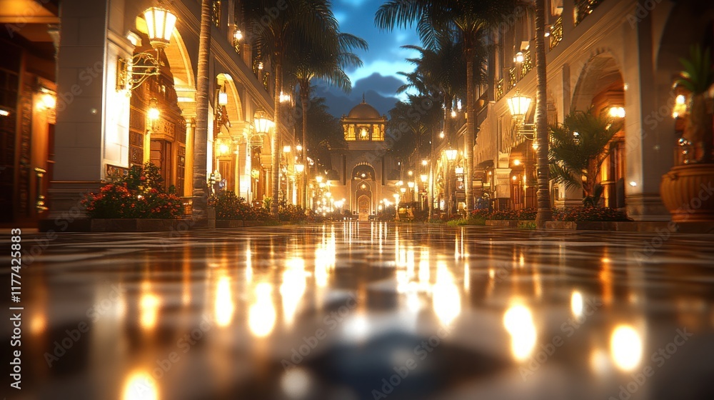 custom made wallpaper toronto digitalElegant night scene of a tropical shopping street with illuminated buildings, palm trees, and a reflecting pavement.