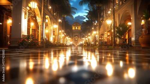 Wallpaper Mural Elegant night scene of a tropical shopping street with illuminated buildings, palm trees, and a reflecting pavement. Torontodigital.ca