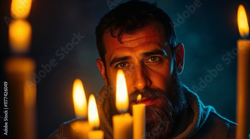 Mordechai lighting candles for Purim photo