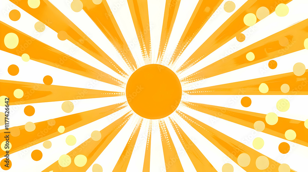 Fototapeta premium Vibrant sunburst background design with orange rays and scattered circles, perfect for summer, energy, or optimism themes. Ideal for websites, presentations, or social media.