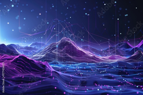 Abstract digital landscape with glowing lines and particles