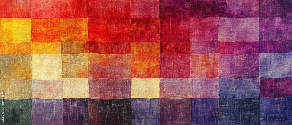 Fototapeta premium a colorful abstract pattern of patchwork squares in reds, purples, and yellows