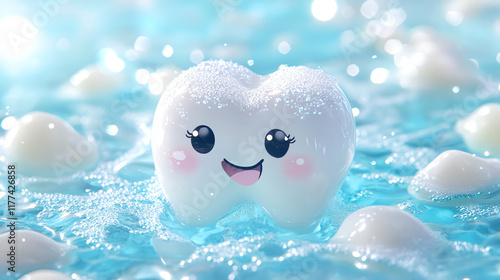 Sweet tooth character with water splashes, dental hygiene concept