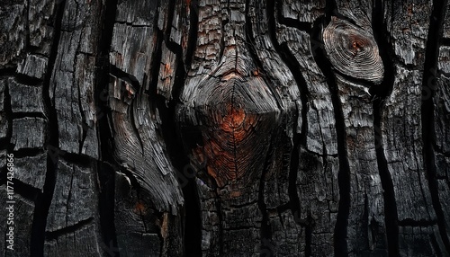 Charred Tree Bark Close-Up Highlighting Burnt Texture, Deep Cracks, and Ashen Wood Patterns After Wildfire Damage for Environmental Concepts

 photo