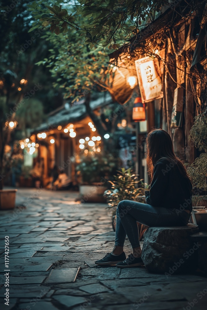 Obraz premium An inviting street illuminated by warm light sets a cozy atmosphere for leisurely evening strolls.