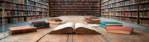 A quiet library scene with open book and stacked volumes. photo