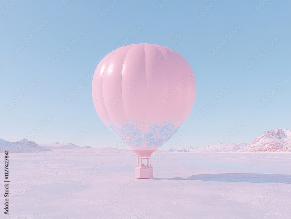 Obraz premium a large, pink hot air balloon with blue floral designs, floating over a snowy landscape with two ornate, white stone structures in the background. The sky is clear with a few scattered clouds.