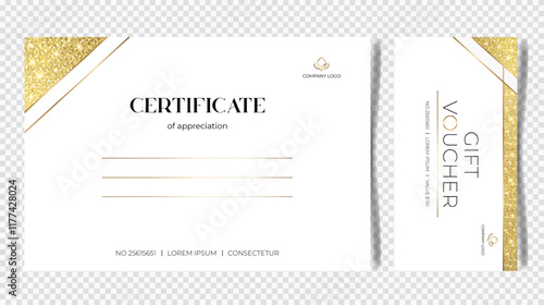 Minimalistic template for gift voucher. Set of gift certificates with gold glitter. Paper sheet for diploma, business, certificates, prizes and companies.