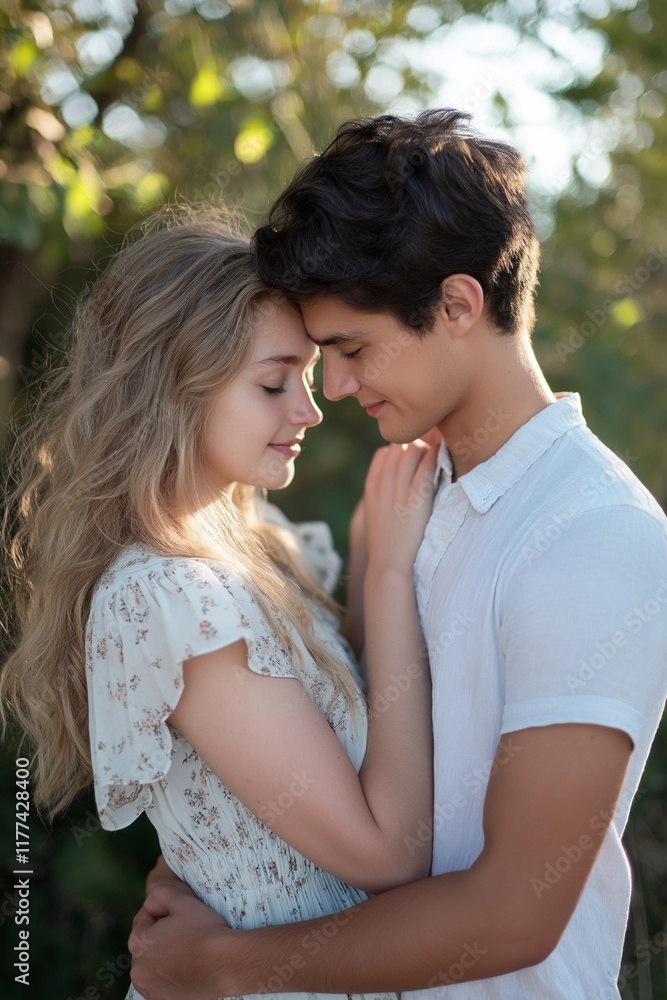 A couple enjoys a serene moment together in soft sunlight. A couple enjoys a serene moment together in soft sunlight.