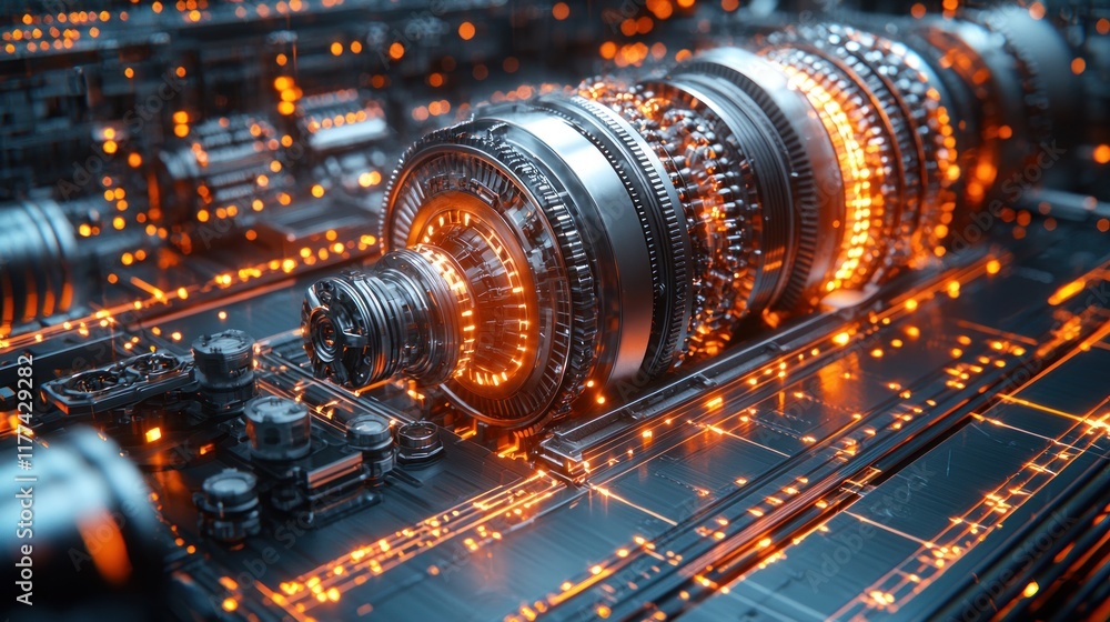Obraz premium Futuristic engine with glowing gears on circuit board, complex machinery in background, for industrial power generation