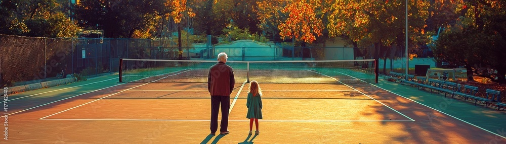 Obraz premium A grandparent and child enjoying a moment on a tennis court.