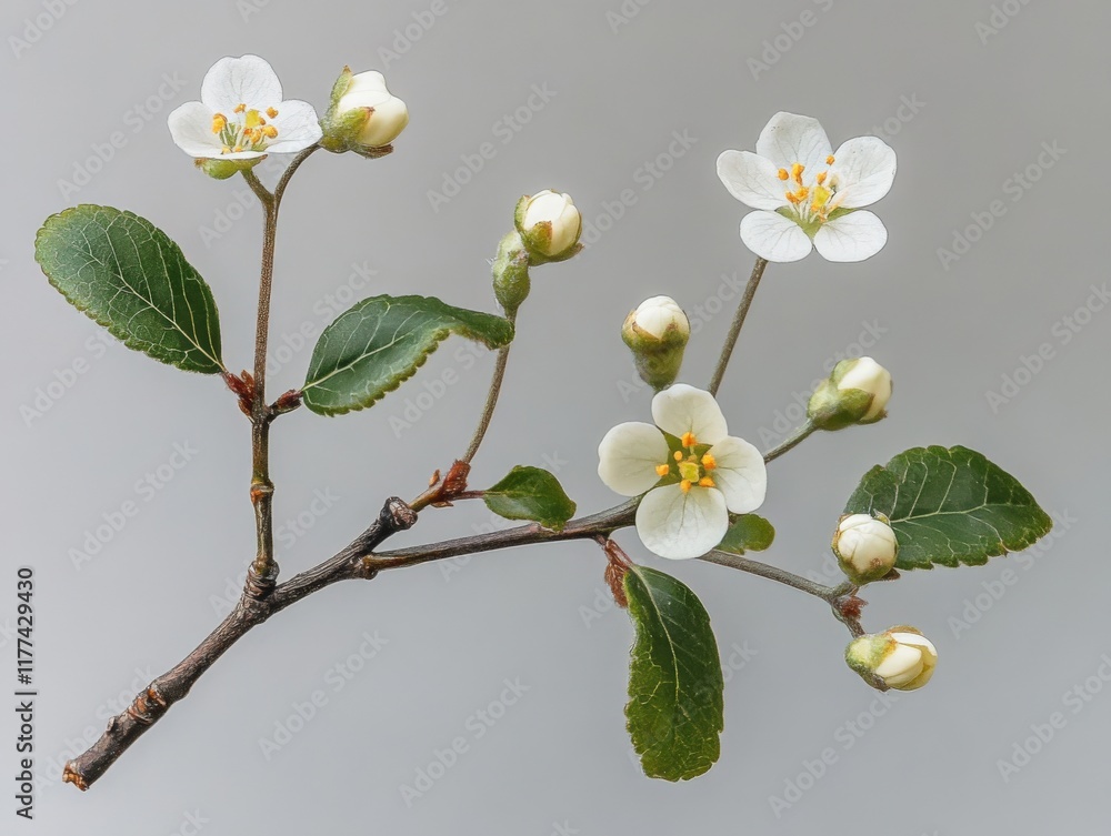 branch with white flowers and green leaves branch with white flowers and green leaves