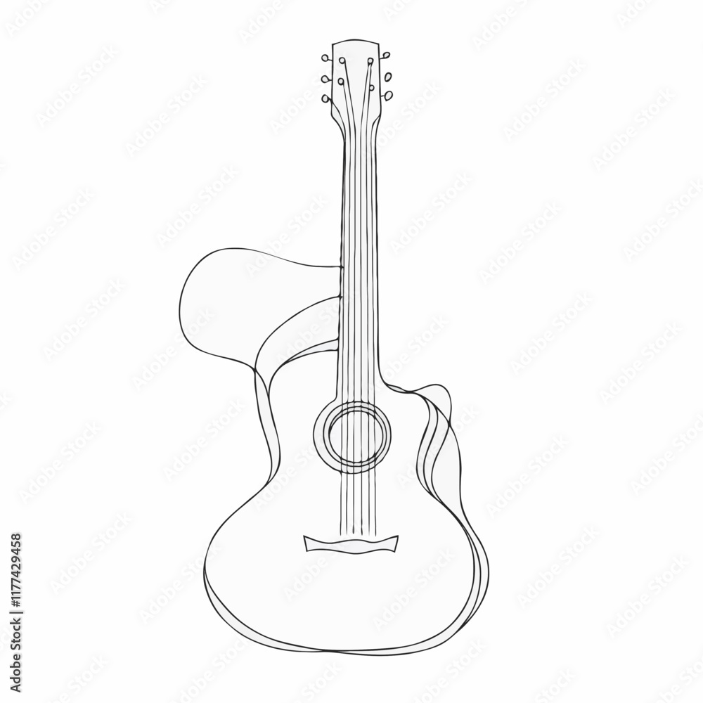 Naklejka premium Minimalist line art illustration, elegant black continuous line drawing of a guitar, clean and delicate design, no shading, smooth curves, artistic and modern composition, white background