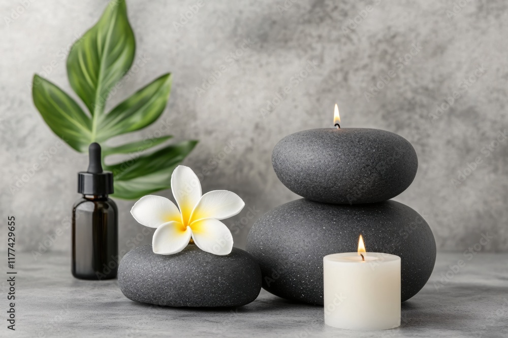 Relaxing Spa Setting with Stones, Candle, Essential Oil and Tropical Flower Decoration Relaxing Spa Setting with Stones, Candle, Essential Oil and Tropical Flower Decoration