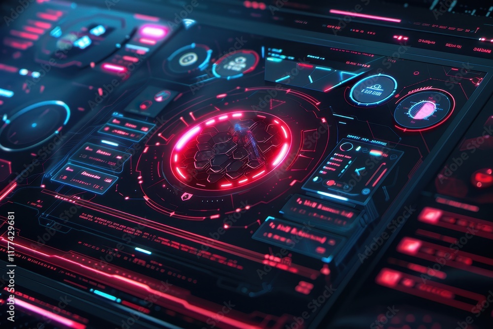 Futuristic Digital Interface with Red and Blue Neon Lights Futuristic Digital Interface with Red and Blue Neon Lights
