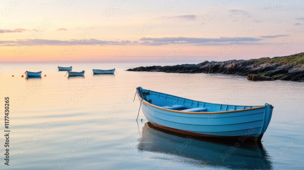 A serene sunset view of blue boats on calm water. A serene sunset view of blue boats on calm water.
