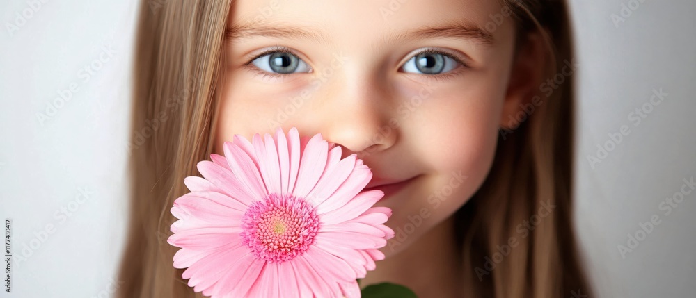 Smiling Girl Holding Pink Flower with Bright Blue Eyes and Long Brown Hair Smiling Girl Holding Pink Flower with Bright Blue Eyes and Long Brown Hair
