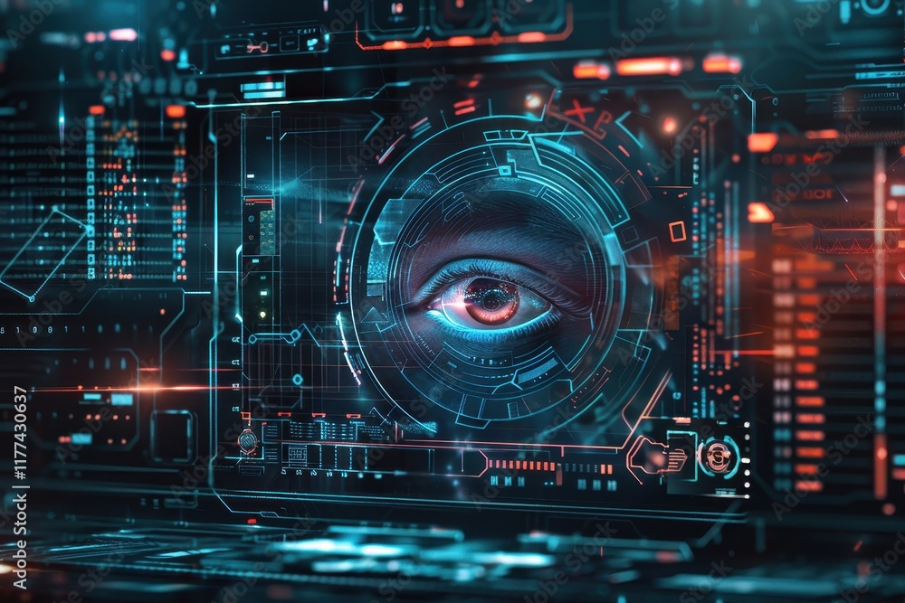 A Digital Eye Glowing Within a Futuristic Interface A Digital Eye Glowing Within a Futuristic Interface