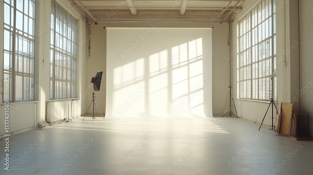 Fototapeta premium A sunlit white studio room with shadows, providing an empty canvas for design and a clean, minimalist white background, hd image