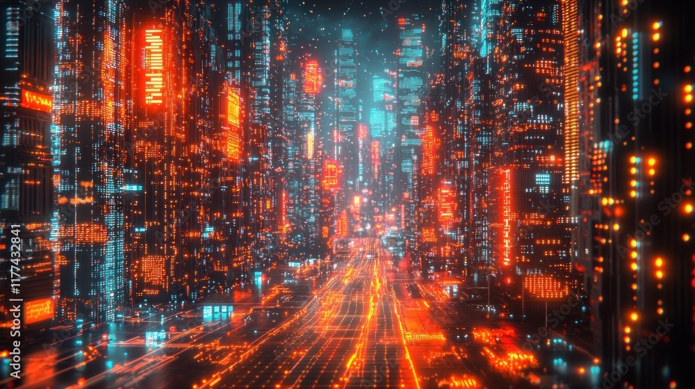 Fototapeta premium Futuristic cityscape at night with glowing skyscrapers and light trails on a busy road