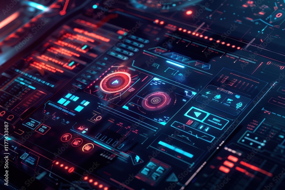 Futuristic Technology Interface with Red and Blue Lights Futuristic Technology Interface with Red and Blue Lights