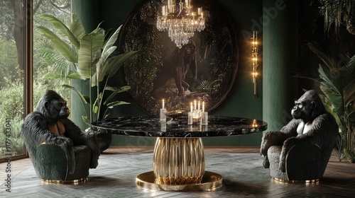 Fototapeta Naklejka Na Ścianę i Meble -  Luxurious dining room with gorilla chairs, round marble table, and jungle artwork.