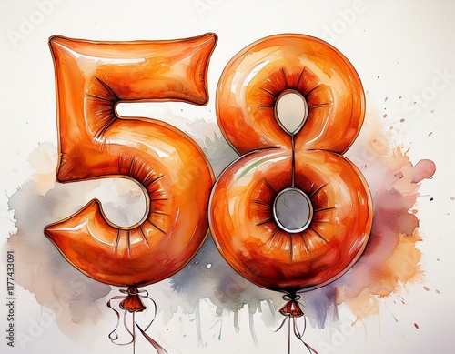 Orange birthday / anniversary balloon, number 58, watercolor painting with white background photo