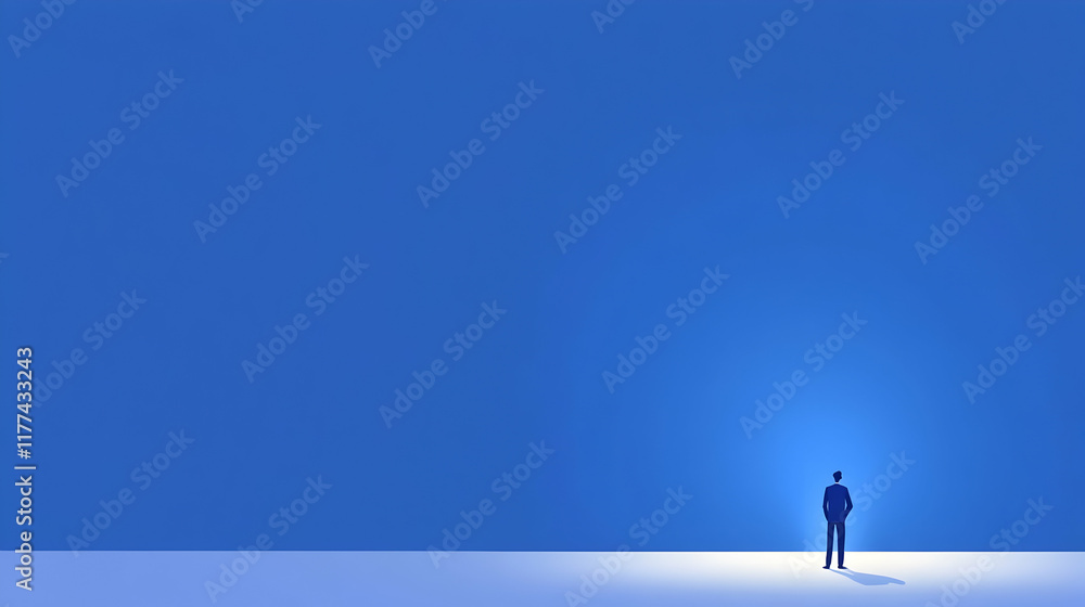 Obraz premium Businessman contemplating future, standing alone in a bright spot against a blue background; potential use in presentations.