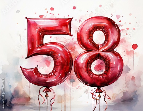 Red birthday / anniversary balloon, number 58, watercolor painting with white background photo