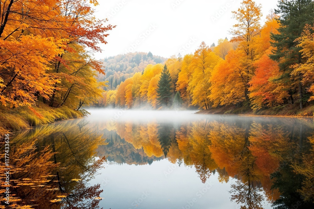Obraz premium Autumn trees with orange and yellow foliage reflected in a calm lake, surrounded by mist and hills. Peaceful nature scene. Ai generative