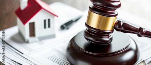 A gavel rests on legal documents beside a miniature house, symbolizing property law and legal proceedings related to real estate. photo