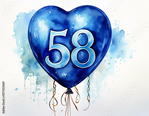 Blue birthday / anniversary balloon, number 58, watercolor painting with white background photo