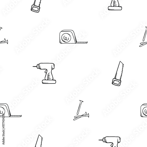 Simple black and white seamless pattern with drill, saw, shovel and nails. Editable background with construction and repair