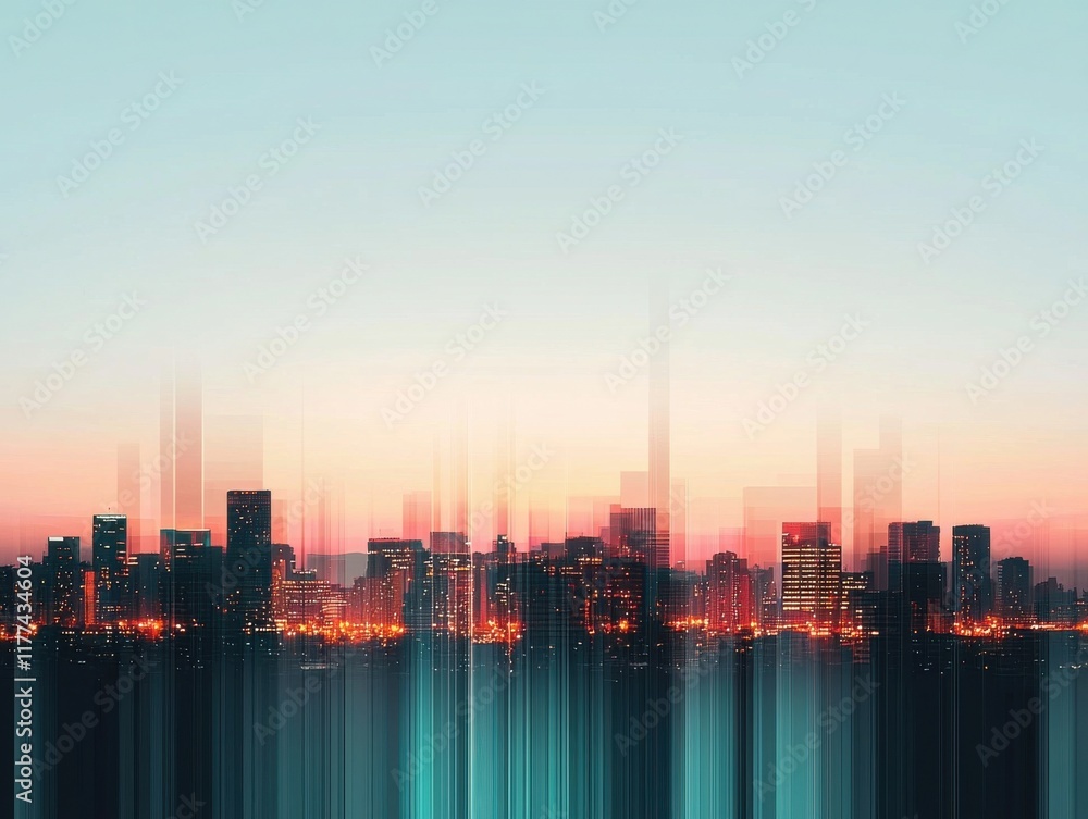 Fototapeta premium Abstract skyline at twilight with colorful lights and blurred edges.