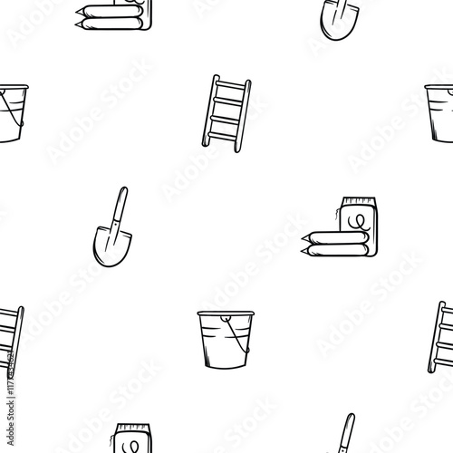 Simple black and white seamless pattern with ladder, shovel, cement bags and bucket. Editable background with construction