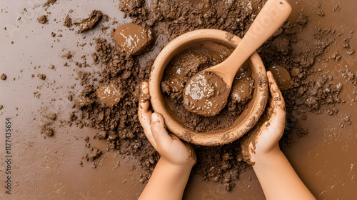 Child's hands holding mud bowl, playing with soil outdoors, messy background, perfect for educational websites or blogs about early childhood development.
