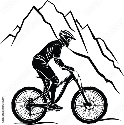 A mountain biker riding a mountain bike vector, mountain biker riding a mountain bike silhouette, mountain biker riding a mountain bike line art vector illustration