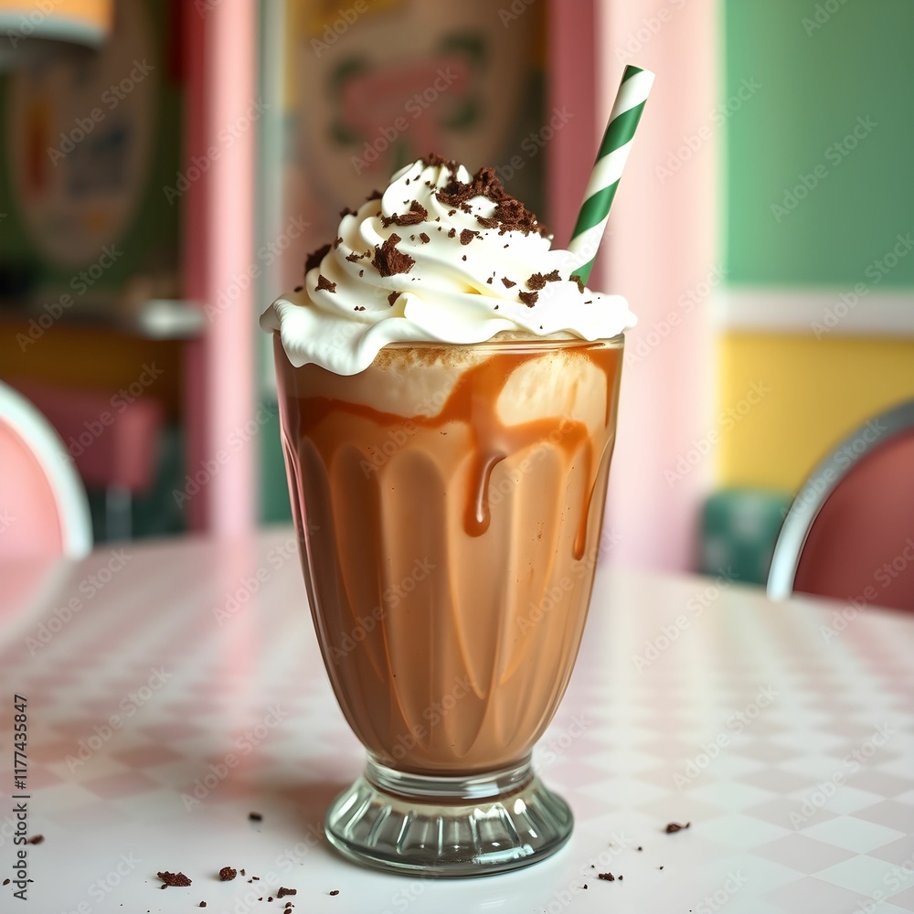 Chocolate milkshake, whipped cream topping, chocolate drizzle, tall glass, red checkered tablecloth, vibrant background, retro diner aesthetic Chocolate milkshake, whipped cream topping, chocolate drizzle, tall glass, red checkered tablecloth, vibrant background, retro diner aesthetic