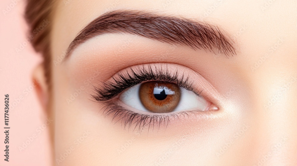 womans captivating brown eye is highlighted with long, dark lashes and a neatly groomed eyebrow. soft pink background adds warmth, emphasizing the eyes beauty and detail womans captivating brown eye is highlighted with long, dark lashes and a neatly groomed eyebrow. soft pink background adds warmth, emphasizing the eyes beauty and detail