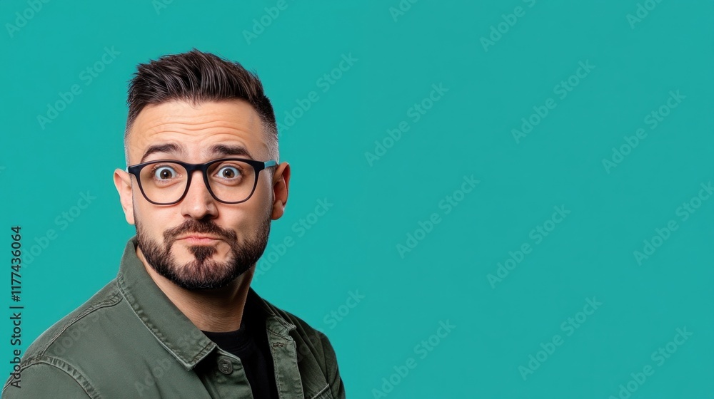 Naklejka premium man in a green jacket and glasses displays an exaggerated surprised expression, highlighting his playful demeanor. bright turquoise background enhances the lively atmosphere