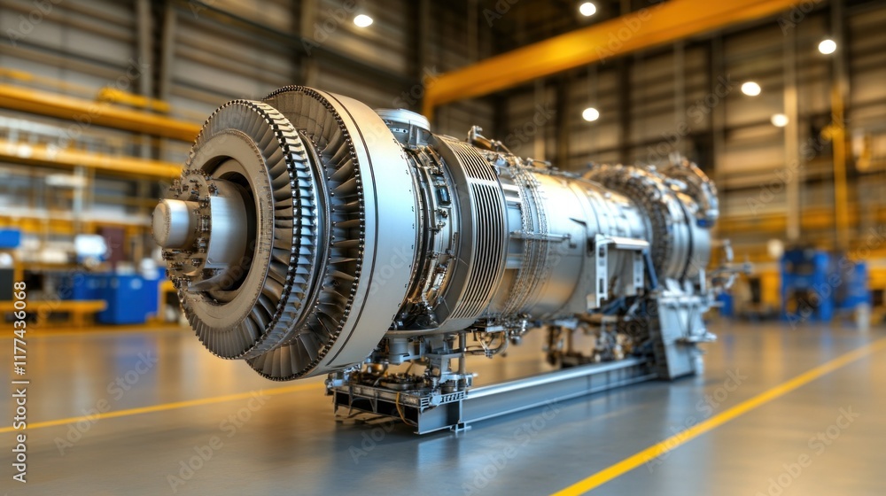 large turbine engine stands prominently in a well-lit manufacturing facility, highlighting its intricate design and advanced engineering. Skilled workers can be seen in the background large turbine engine stands prominently in a well-lit manufacturing facility, highlighting its intricate design and advanced engineering. Skilled workers can be seen in the background