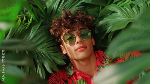 young man lies back among large green leaves, wearing round sunglasses and a colorful tropical shirt. surroundings create a serene and vibrant atmosphere in bright daylight