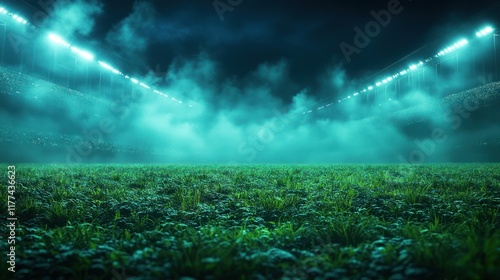 Empty stadium at night, illuminated by teal spotlights, fog fills the space. photo