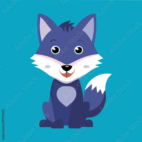 Cute purple fox sitting, blue background, kids, design