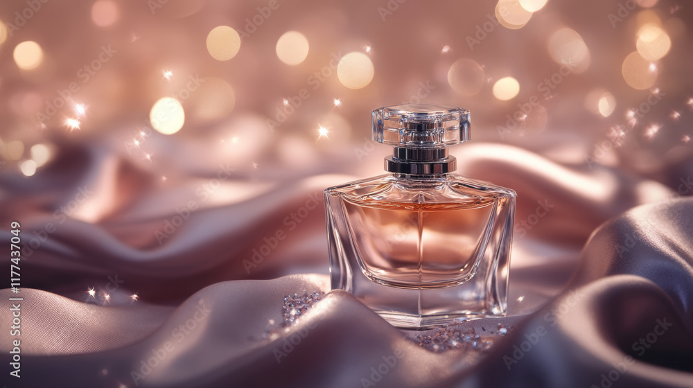 Elegant glass perfume bottle on soft satin fabric, surrounded by sparkling lights, creating luxurious and enchanting atmosphere. Perfect for beauty and fragrance themes Elegant glass perfume bottle on soft satin fabric, surrounded by sparkling lights, creating luxurious and enchanting atmosphere. Perfect for beauty and fragrance themes