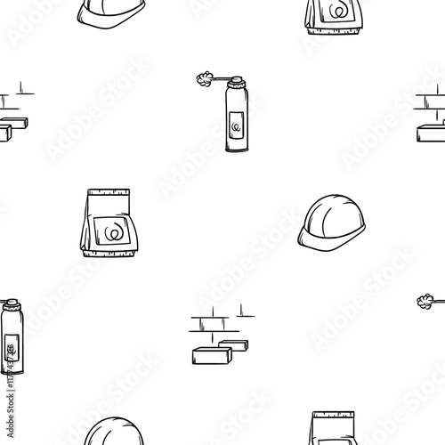 Simple black and white seamless pattern with polyurethane foam, construction mixtures, brick wall, hard hat. Editable background