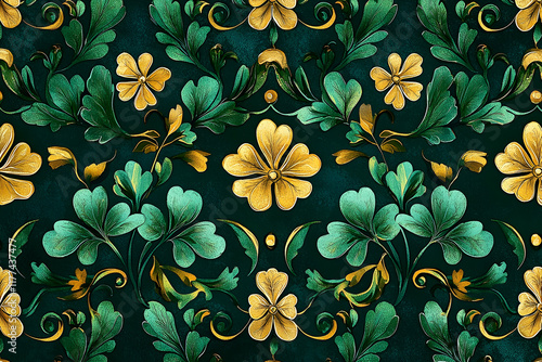 Emerald & Gold Damask Floral Pattern